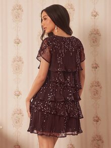 Amorya Đầm ngắn thời trang nữ màu trơn nâu đậm, tay ngắn cánh hoa, đính sequin, bèo nhún nhiều lớp, phong cách thanh lịch gợi cảm cho tiệc cocktail, đi chơi đêm mùa hè - màu nâu - Xem 3