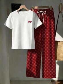 SHEIN EZwear 2件組刺繡圓領短袖上衣與條紋印花長褲，休閒風 - 紅色 - 查看 6