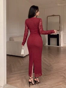 Modelyn Burgundy Hollow Lace Patchwork Slim Fit Bodycon Long Sleeve Midi Dress - Burgundy - View 3