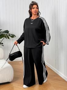 SHEIN EZwear Plus Size Women's Color Block Long Sleeve Top And Pants Casual Everyday 2 Pieces Set Fall - Black - View 4