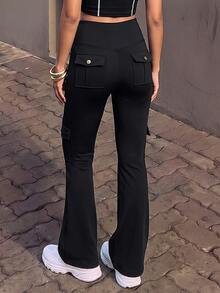 SHEIN PariChic Women's Solid Color High Waist Cargo Pocket Sports Long Pants - Black - View 1
