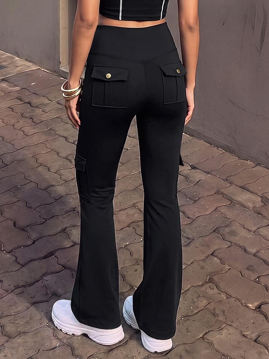 SHEIN PariChic Women's Solid Color High Waist Cargo Pocket Sports Long Pants - Black - View 1