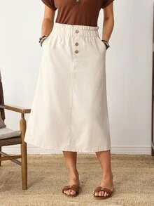 EMERY ROSE Women's Fashion Button Pocket Denim Skirt - Beige - View 6