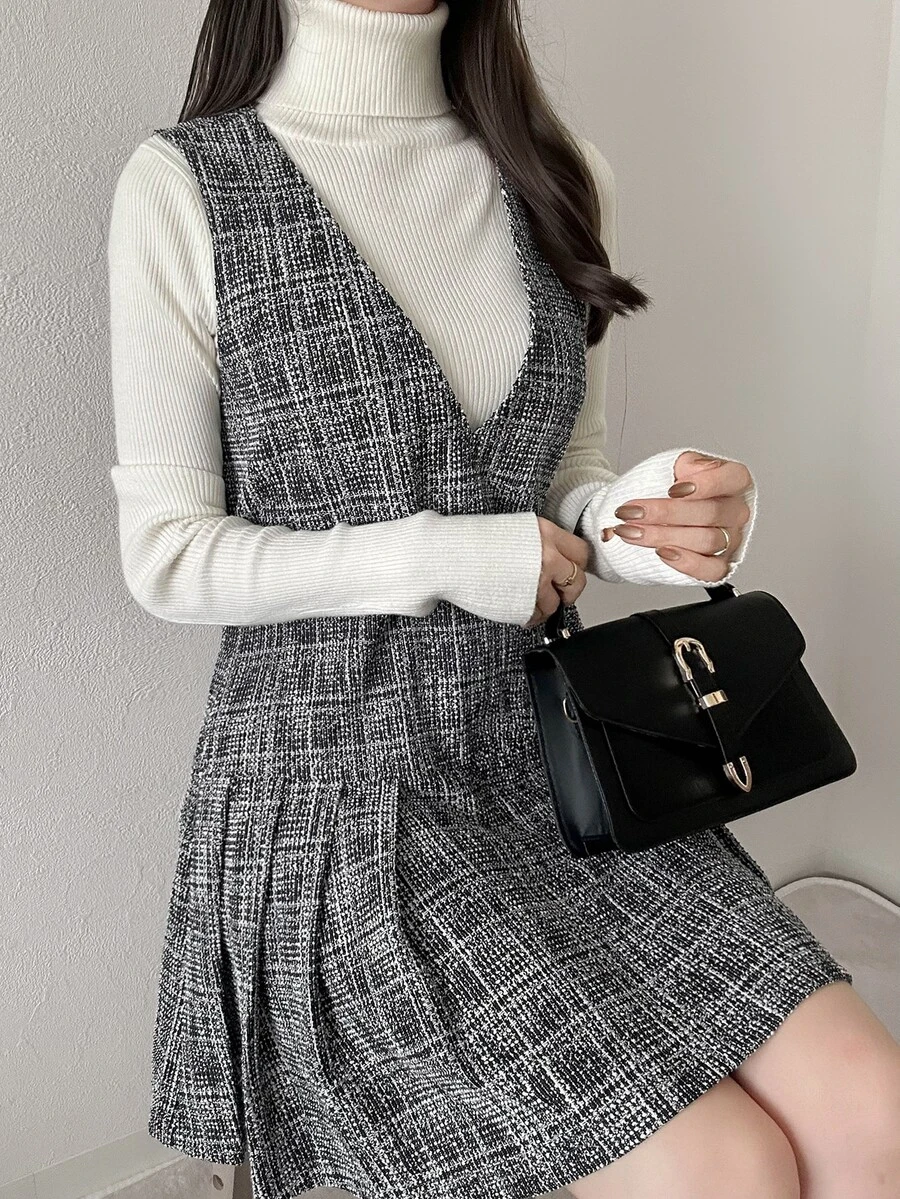 FRIFUL Women's Korean Style Fashion Pleated Tweed Dress - Black - View 1