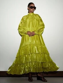 Aveloria Modichic Autumn/Winter Light Green Satin-Like Fabric Stand Collar Robe-Style Layered Ruffle Hem Long Sleeve Women's Extra Long Dress Elegant Party Dinner - Green - View 3