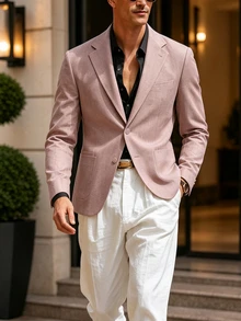 Manfinity Bizformal Men's Button Business Long Sleeve Pocket Blazer Jacket For Office - Pink - View 1