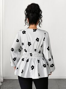 Elenzga Autumn Elegant Daily European And American Style Cross V-Neck Cinched Waist A-Line Pleated Long Sleeve Blouse, Suitable For Daily Commute, Outings, Gatherings And More Occasions, High Cost-Performance - Black and White - View 2