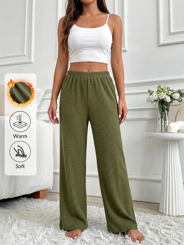 SHEIN Textured Waffle Knit Elastic Waist Sleep Pants For Winter