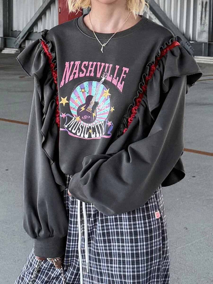 FRIFUL Women's Letter & Guitar Print Patchwork Ruffle Long Sleeve Casual T-Shirt - Grey - View 1