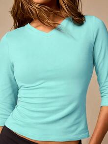 Athîral Women's Casual Versatile Solid Color Fitted T-Shirt - Teal Blue - View 5