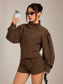 SHEIN PETITE Brown Corduroy Women's Jacket And Shorts Casual Set - Brown - View 7