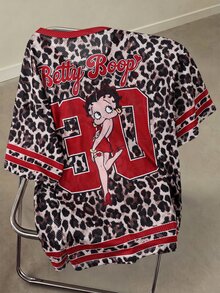 Betty Boop x SHEIN Plus Size Women's Leopard Print V-Neck Short Sleeve Casual T-Shirt - Brown - View 2