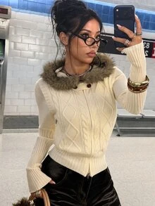 StreetHx Women's Versatile Classic Cable Knit Daily Commute Streetwear Retro Style Autumn/Winter Hooded Fur Collar Sweater Vest - Apricot - View 3