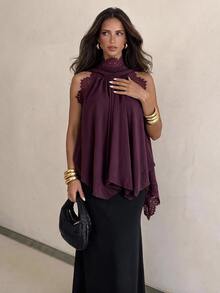 Aloruh Women's Elegant Chiffon Lace Patchwork Ruffle Collar Blouse - Purple - View 6