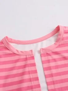 SHEIN Franclia طقم خريف/شتاء كاجوال مخطط قصير الأكمام الطويلة & ملابس علوية داخلي وشورتات - روز أحمر - مشاهدة 7