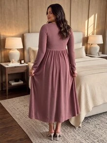 SHEIN Plus Size Long Sleeve Maternity Dress In Dusty Pink, Fuzzy Ribbed Knit, Comfortable Casual Style With Front Buttons, Nursing Friendly, Autumn/Winter - Dusty Pink - View 5