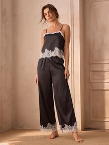 Charlaine Lace Patchwork Faux Silk Camisole & Long Pants Women's Pajama Set - Black - View 6