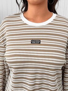 SHEIN EZwear Plus Size Striped Patchwork T-Shirt And Pants For School, Casual Home, Brown Versatile Striped Long Sleeve Long Pants 2 Pieces Set - Brown - View 3
