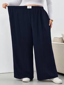SHEIN CURVE+ 大尺碼格紋長褲，黑白格紋彈性腰帶口袋寬腿，2026秋冬 22W - 藏蓝色 - 查看 1
