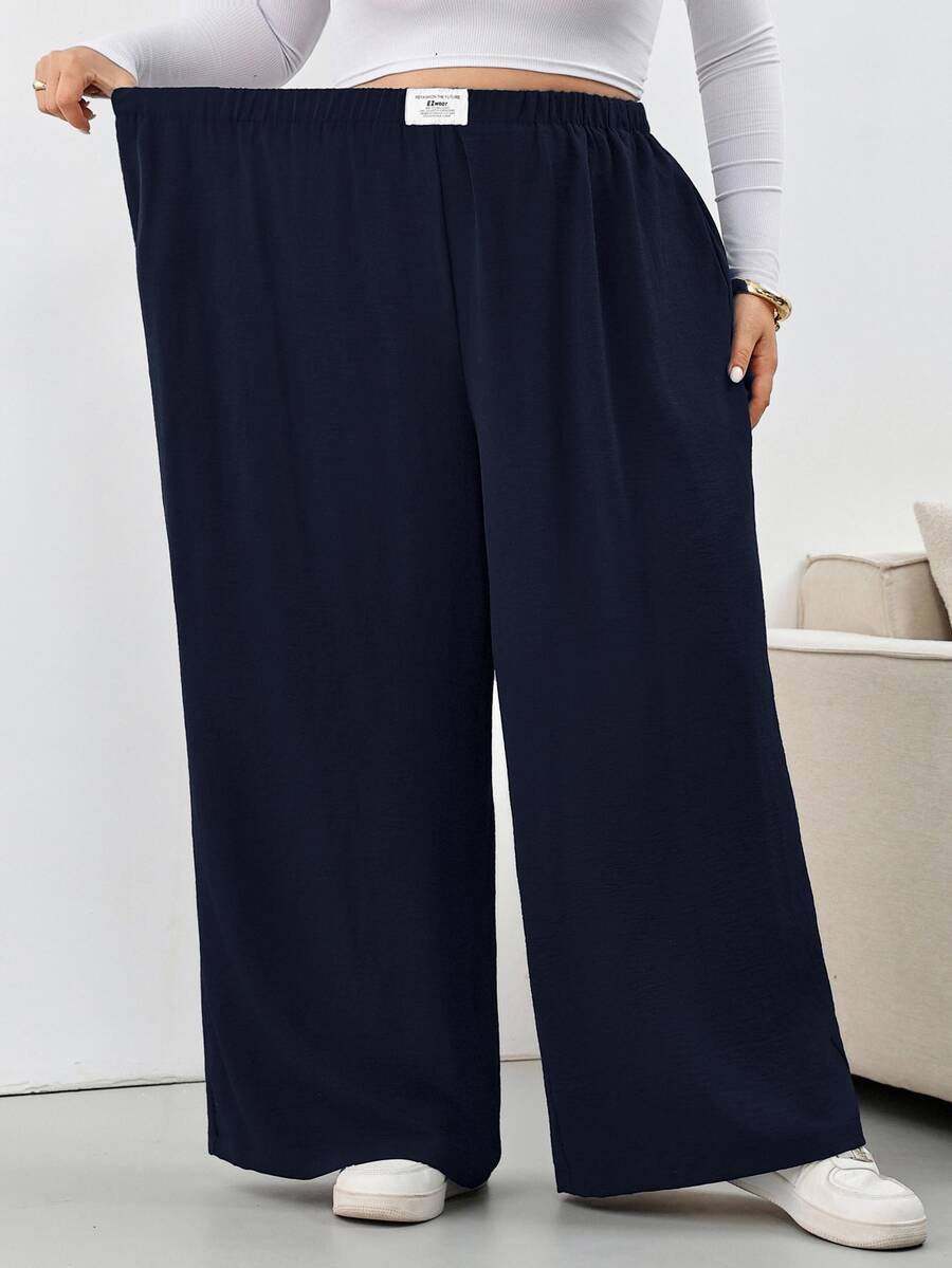 SHEIN CURVE+ 大尺碼格紋長褲,黑白格紋彈性腰帶口袋寬腿,2026秋冬 22W - 藏蓝色 - 查看 1