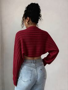SHEIN Raffinéa 女款素色長袖短版開襟衫 - 酒紅色 - 查看 2