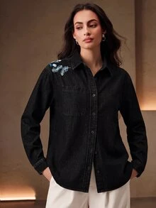 Anewsta 女款新款時尚重工刺繡奢華藍色襯衫牛仔褲 - 黑色 - 查看 3