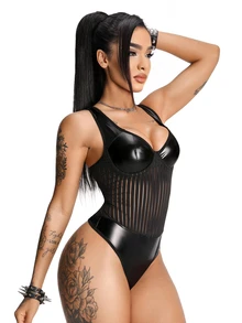 AltBold 1pc Women's Leather Striped Mesh Jumpsuit - Black - View 4