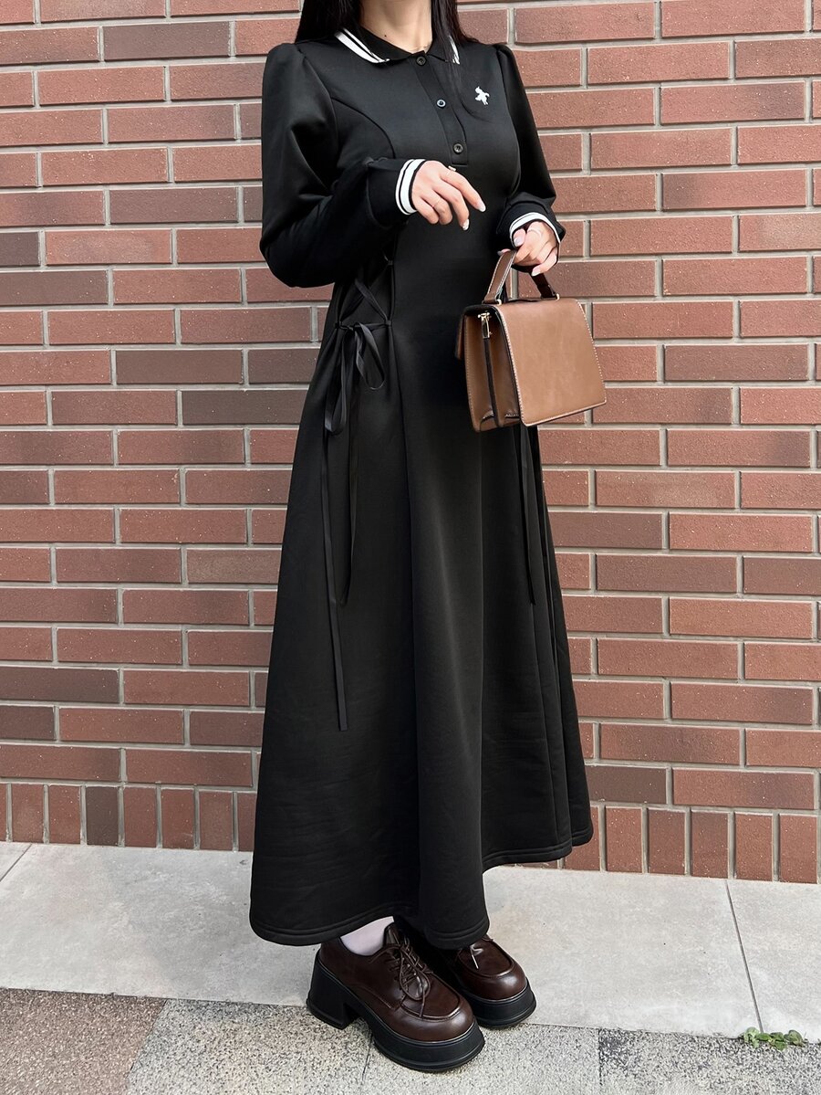 FRIFUL Women's Autumn Long Dress With Waist Drawstring Tie - Black - View 1