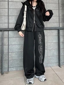 FRIFUL Women's Autumn Double Zipper Hooded Sweatshirt With Frill Trim And Rhinestone Decor & Long Pants 2 Pieces Set - Black - View 3