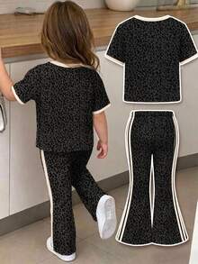 SHEIN LMoss Kids 女嬰休閒簡約短袖圓領T恤與喇叭長褲套裝，適合春夏穿著 - 彩色 - 查看 3