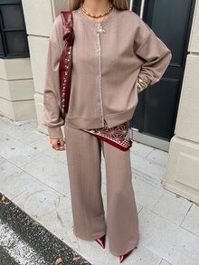 DAZY Autumn/Winter Solid Color Round Neck Textured Cardigan Jacket Paired With Loose Straight Leg Wide Leg Long Pants Casual Commute Daily Women Set - Coffee Brown - View 5