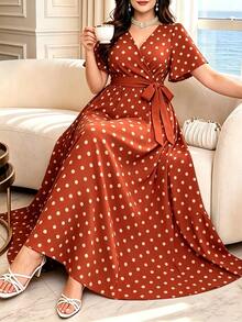 Modelyn Plus Size Women's Fashion V-Neck Short Sleeve Belted Loose Casual Dress, Beige Polka Dot Print On Caramel Orange Background, Comfortable For Spring And Summer - Multicolor - View 5