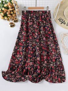 SHEIN LUNE 大尺碼女款花卉荷葉邊裙，情人節、波希米亞休閒、波希米亞音樂節、夏季、優雅約會之夜正式度假黑色 - 彩色 - 查看 1