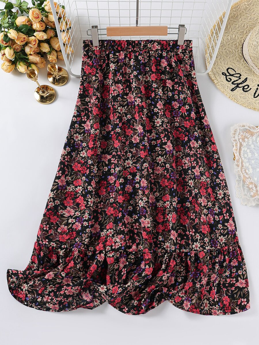 SHEIN LUNE 大尺碼女款花卉荷葉邊裙,情人節、波希米亞休閒、波希米亞音樂節、夏季、優雅約會之夜正式度假黑色 - 彩色 - 查看 1