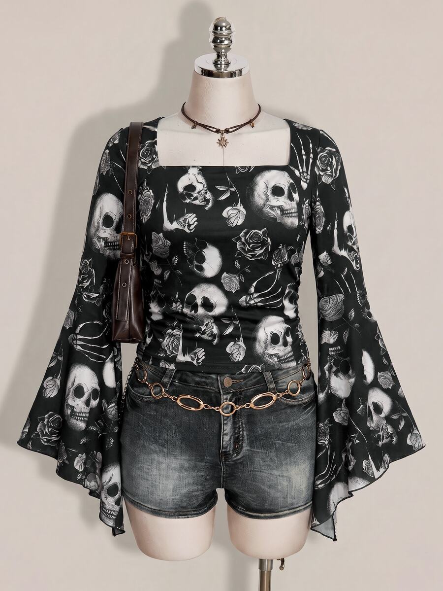 SHEIN ICON 大尺碼女款萬聖節骷髏印花深色哥德風上衣 - 彩色 - 查看 1