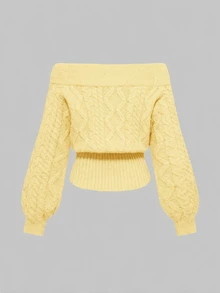 ROMWE Sexy Romantic Thick Knit Z-Pattern Deep Gray Off-Shoulder Lantern Sleeve Pullover Sweater - Light Yellow - View 2