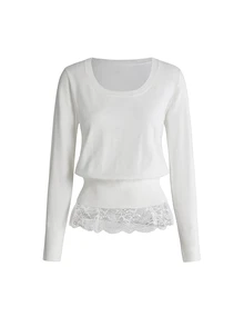 ROMWE Y2K Sweater Wanita Putih Serbaguna Kasual Musim Gugur/Dingin dengan Patchwork Renda, Gaya Seksi - Putih - View 1