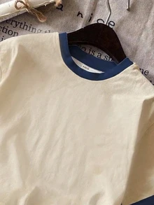 Tseoso 95% Cotton Casual Minimalist Blue & Beige Colorblock Round Neck Short Sleeve Loose Fit Women's T-Shirt, Suitable For Autumn, Basic Classic Style, Versatile For Multiple Occasions - Multicolor - View 6
