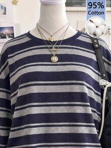 SHEIN EZwear 休閒極簡條紋對比色圓領長袖T恤，適合夏季 - 彩色 - 查看 4