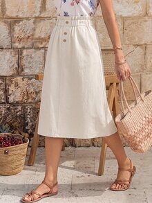 EMERY ROSE Women's Fashion Button Pocket Denim Skirt - Beige - View 2