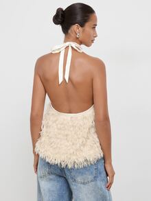 Maija Women's Long Fur Fringe Criss-Cross Halter Tie Tank Top, Party Night Cocktail Urban Sexy Elegant Summer Beige - Apricot - View 2