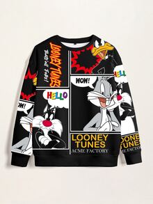 LOONEY TUNES X SHEIN 男士卡通圖案印花長袖套頭運動衫 - 白色 - 查看 3