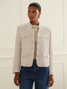 Lilora Jaket Wanita Lengan Panjang Kasual Elegan Serbaguna Kancing Tunggal untuk Perjalanan Kantor/Komuter, Warna Beige, Musim Gugur - Aprikot - View 6