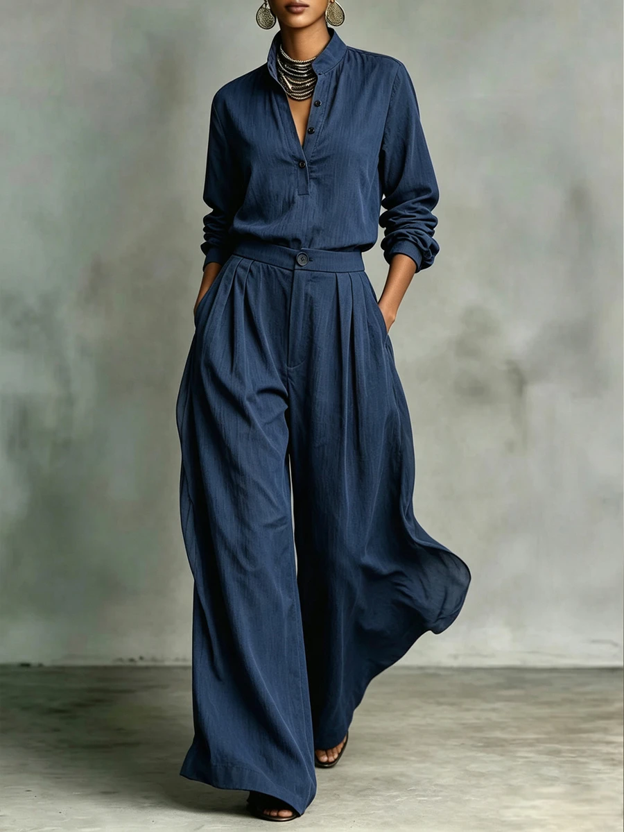 SHEIN Women's Navy Stand Collar Shirt & Pleated Wide Leg Pants Two Pieces Set, Elegant Outfit For Spring Fall Office Daily Wear - Navy Blue - View 1