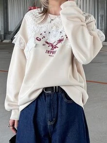 FRIFUL 女款韓式蕾絲拼接字母印花長袖T恤 - 米色 - 查看 8