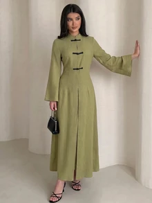 Yasmyna Long Sleeve Elegant Long Button-Front Arabian Dress - Green - View 3