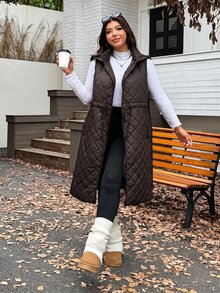 SHEIN EZwear 秋冬大尺碼加厚抽繩可調腰鬆款雙穿法長版大衣 - 巧克力棕 - 查看 6