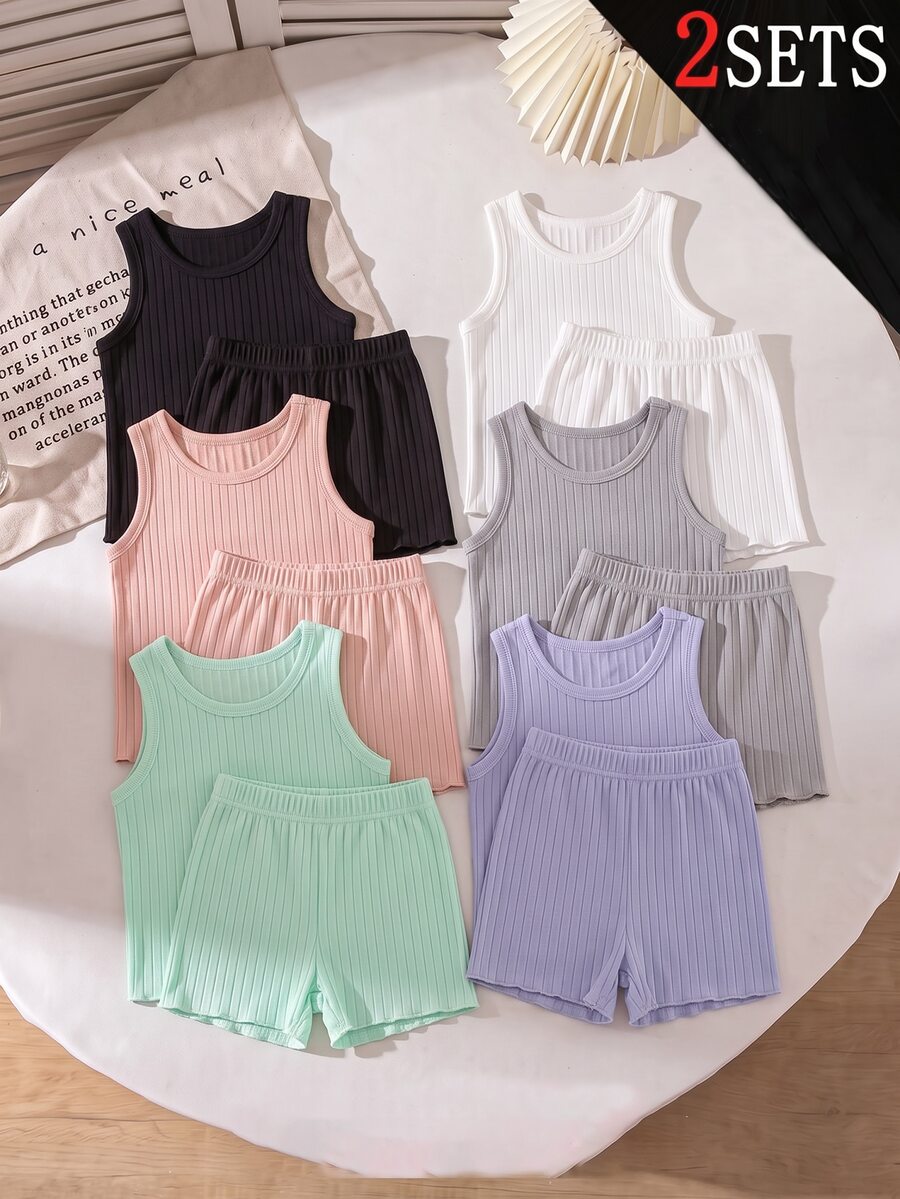 2 Sets Teen Girl Blind Box Style 6-Piece 2 Tops And Shorts Set, Solid Color Ribbed Fabric Design For Minimalist Versatile Look, - Multicolor - View 1