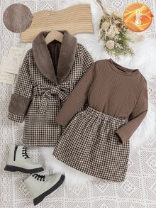 SHEIN Winter Young Girls Brown Plaid Overcoat Fur Collar Knit Ribbed Stand Collar Long Sleeve Inner Layer Wool Skirt, 3 Pieces Fall Fashion Set 7th Birthday - Brown - View 7