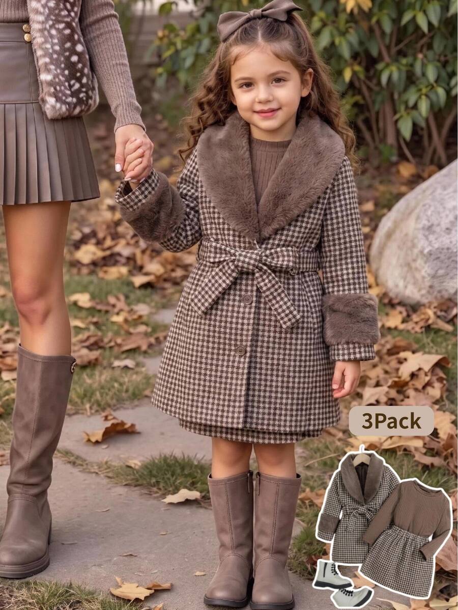 SHEIN Winter Young Girls Brown Plaid Overcoat Fur Collar Knit Ribbed Stand Collar Long Sleeve Inner Layer Wool Skirt, 3 Pieces Fall Fashion Set 7th Birthday